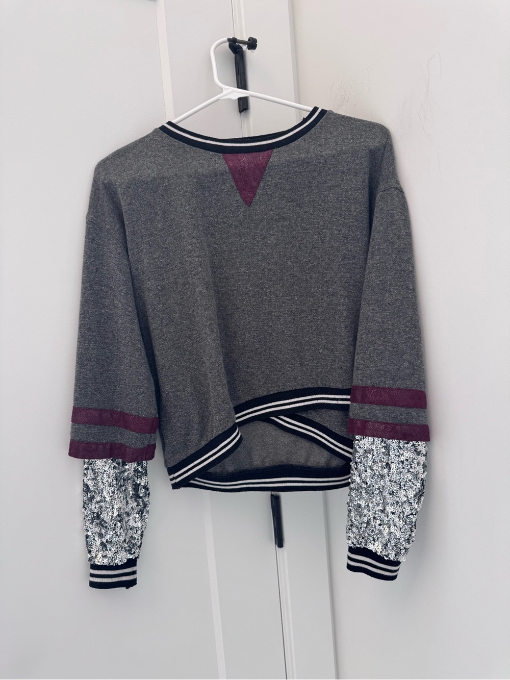 Dance & Marvel Gray Sweater with Maroon Trim and Silver Sequin Sleeves